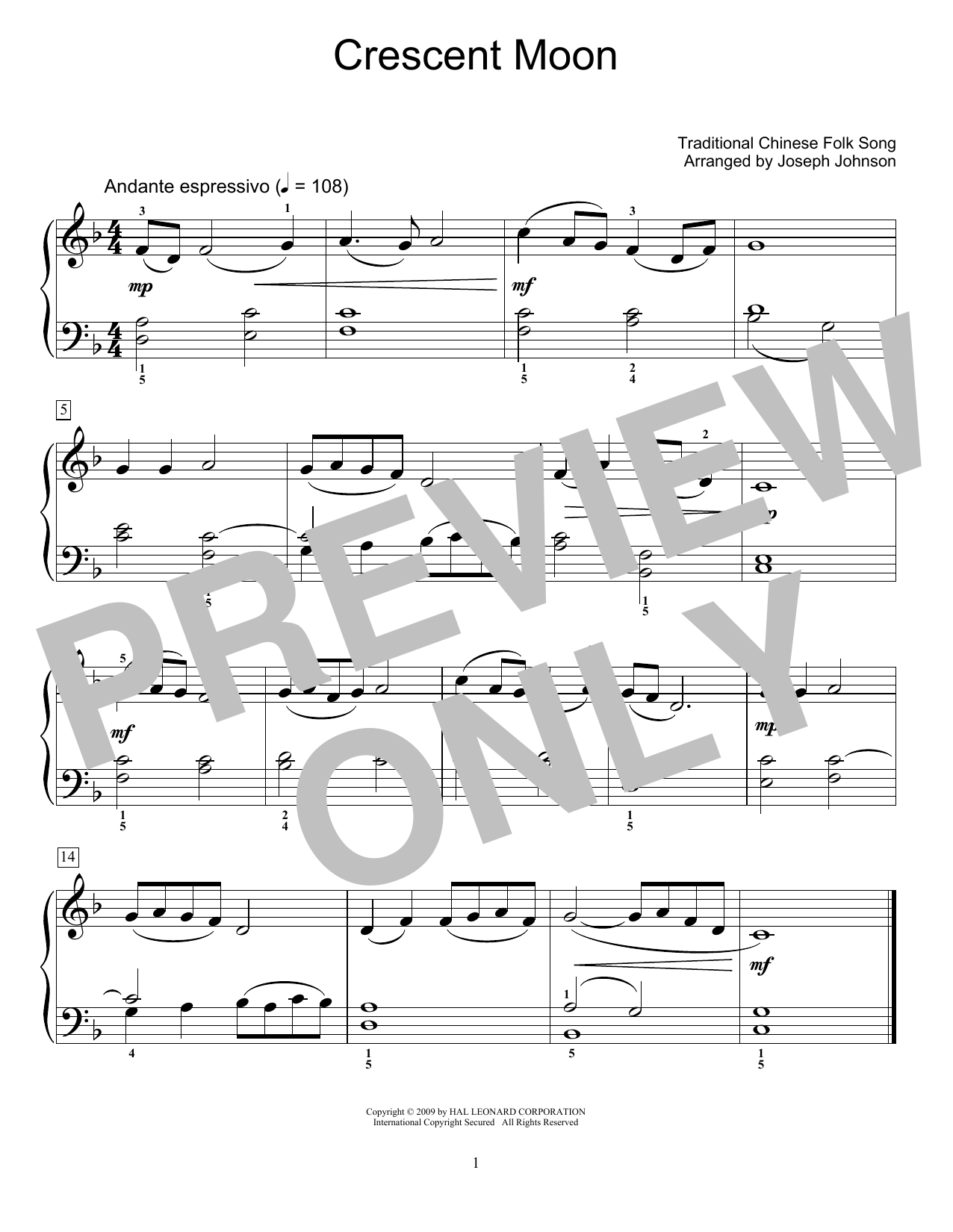 Traditional Chinese Folk Song Crescent Moon (arr. Joseph Johnson) sheet music notes and chords arranged for Educational Piano