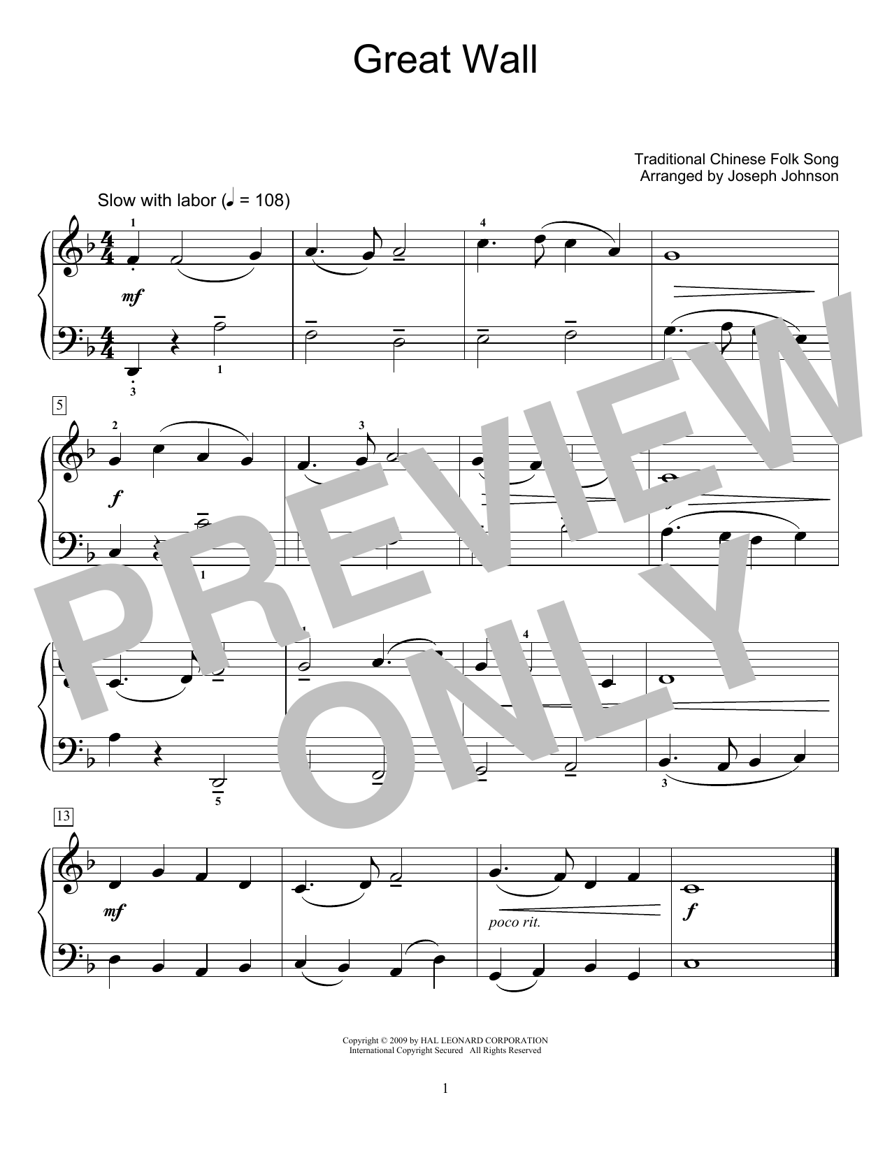 Traditional Chinese Folk Song Great Wall (arr. Joseph Johnson) sheet music notes and chords arranged for Educational Piano
