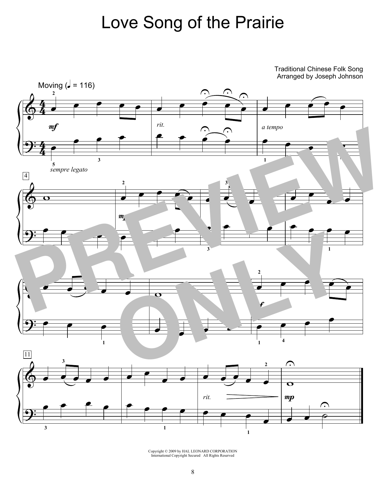Traditional Chinese Folk Song Love Song Of The Prairie (arr. Joseph Johnson) sheet music notes and chords arranged for Educational Piano
