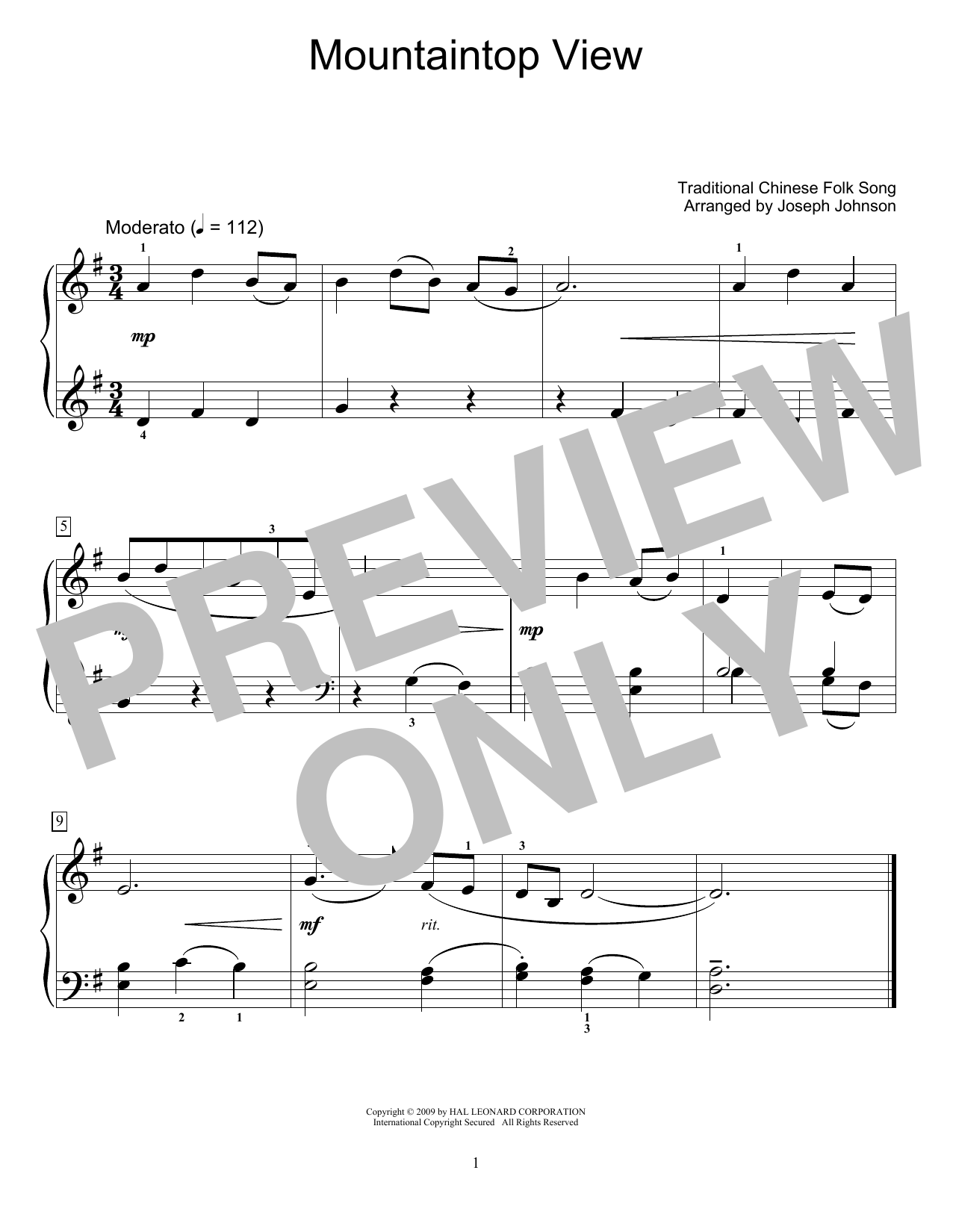 Traditional Chinese Folk Song Mountaintop View (arr. Joseph Johnson) sheet music notes and chords arranged for Educational Piano