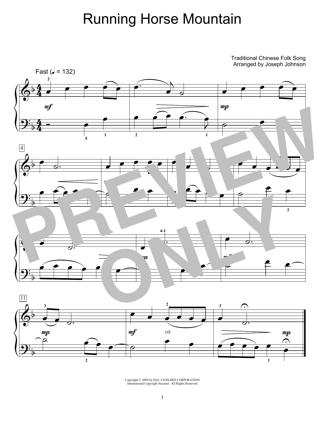 Traditional Chinese Folk Song Running Horse Mountain (arr. Joseph Johnson) sheet music notes and chords arranged for Educational Piano