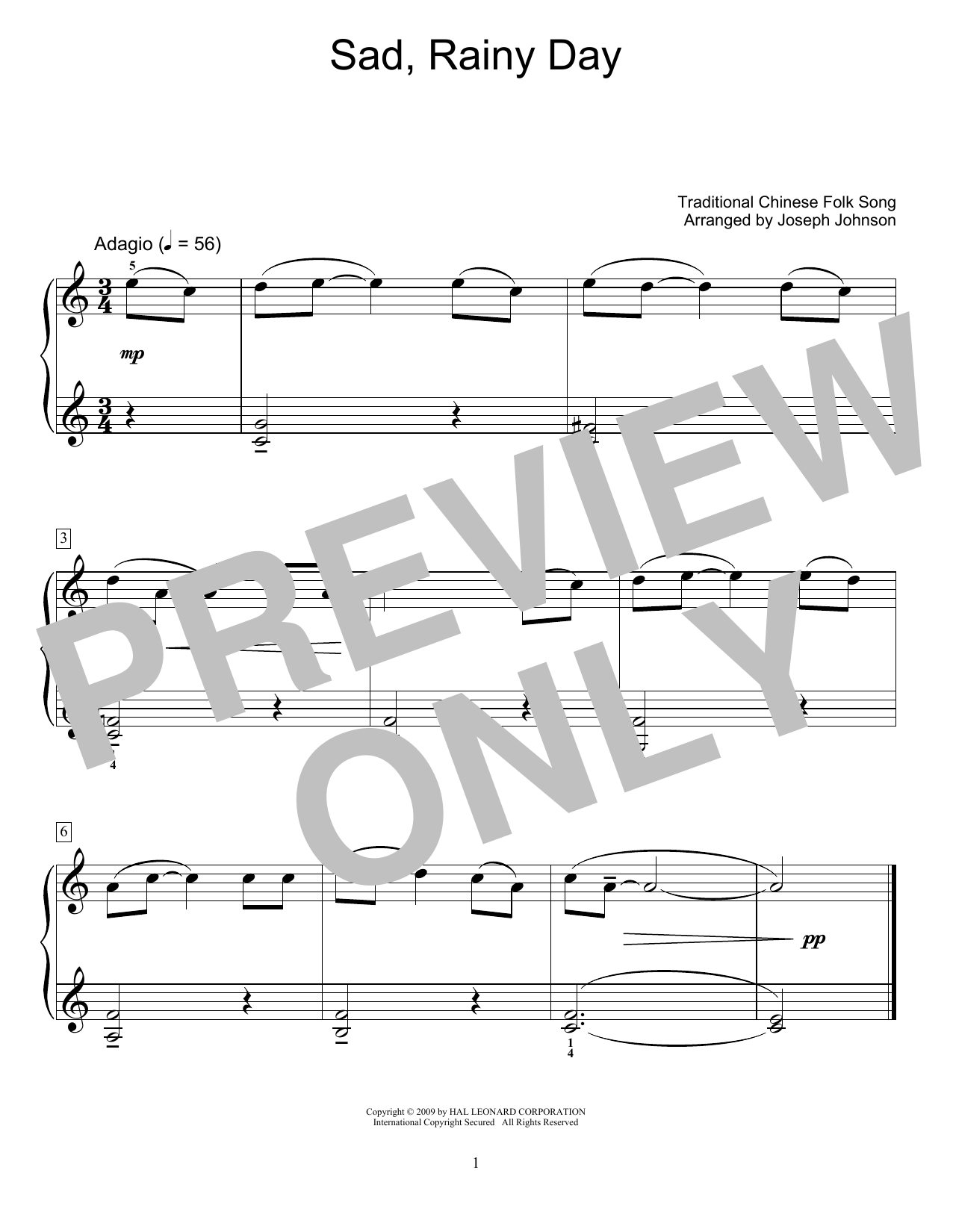 Traditional Chinese Folk Song Sad, Rainy Day (arr. Joseph Johnson) sheet music notes and chords arranged for Educational Piano