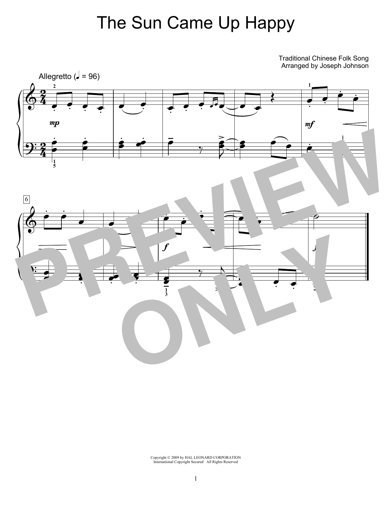 Traditional Chinese Folk Song The Sun Came Up Happy (arr. Joseph Johnson) sheet music notes and chords arranged for Educational Piano