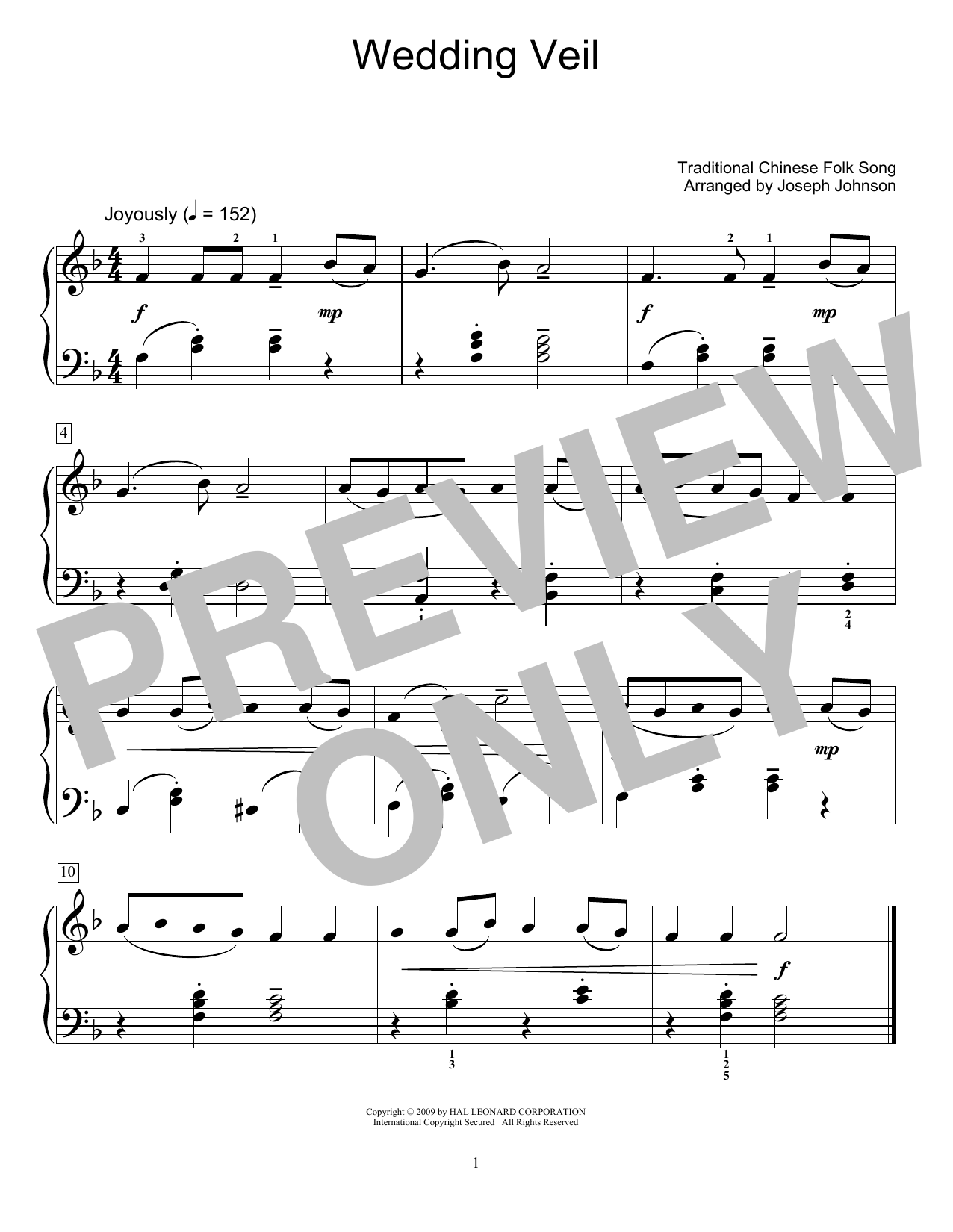 Traditional Chinese Folk Song Wedding Veil (arr. Joseph Johnson) sheet music notes and chords arranged for Educational Piano