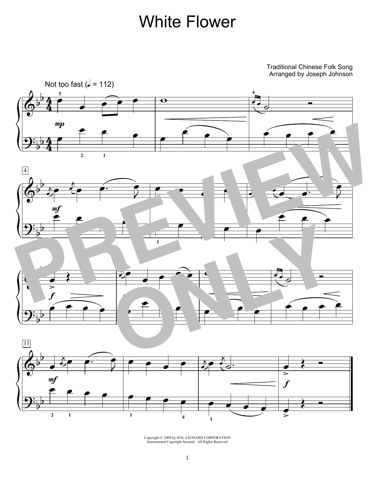 Traditional Chinese Folk Song White Flower (arr. Joseph Johnson) sheet music notes and chords arranged for Educational Piano