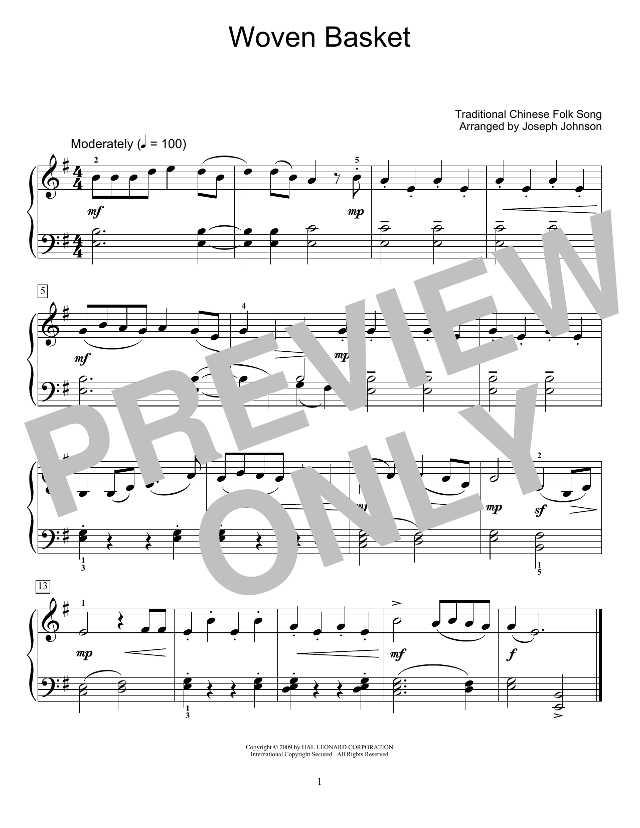 Traditional Chinese Folk Song Woven Basket (arr. Joseph Johnson) sheet music notes and chords arranged for Educational Piano