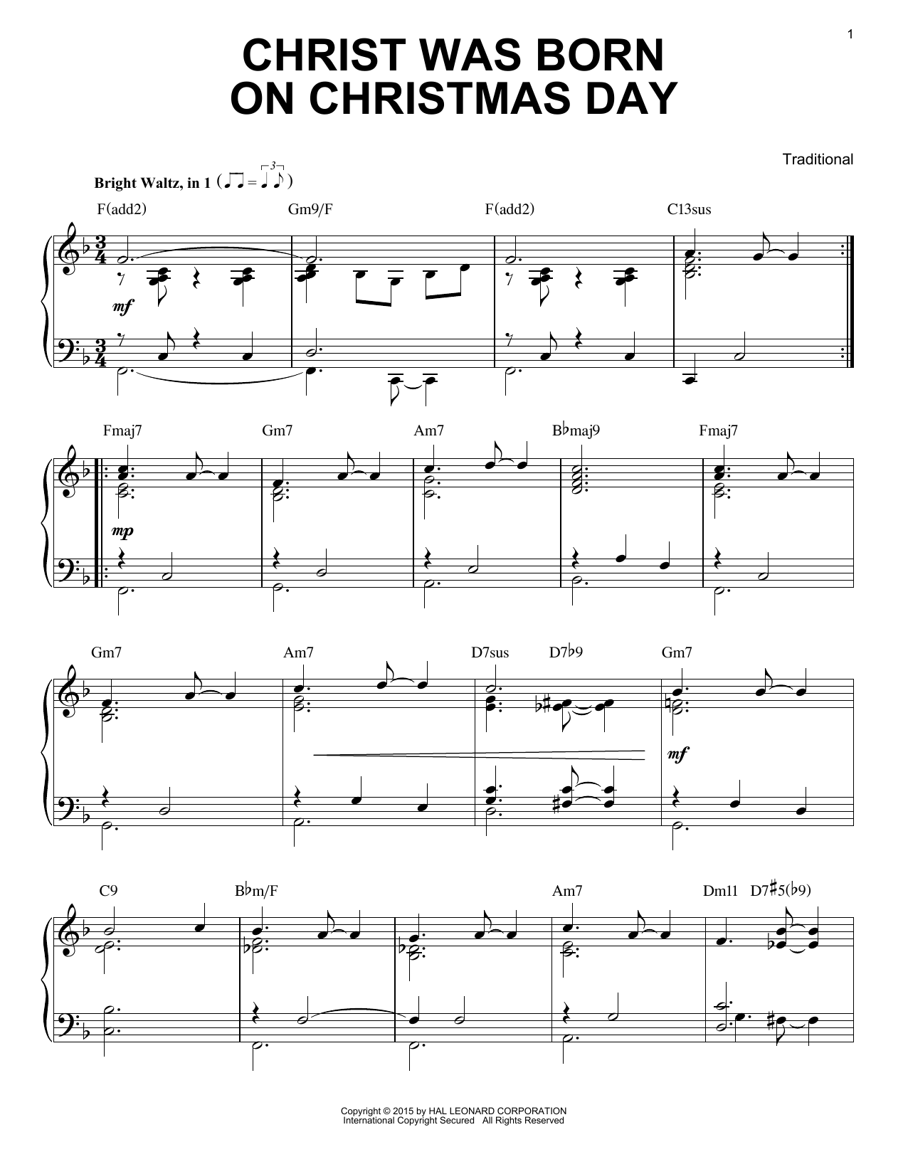 Traditional Christ Was Born On Christmas Day [Jazz version] (arr. Brent Edstrom) sheet music notes and chords arranged for Piano Solo