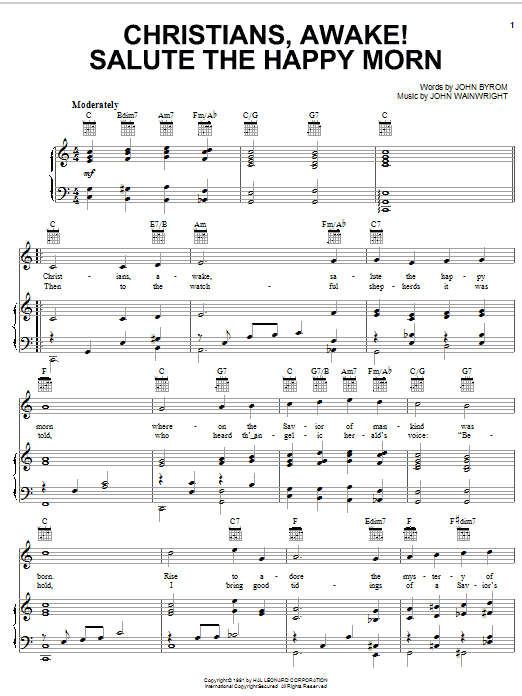Traditional Christians, Awake! Salute The Happy Morn sheet music notes and chords arranged for Piano, Vocal & Guitar Chords (Right-Hand Melody)