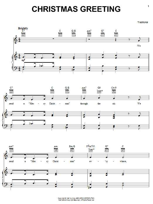 Traditional Christmas Greeting sheet music notes and chords arranged for Easy Piano