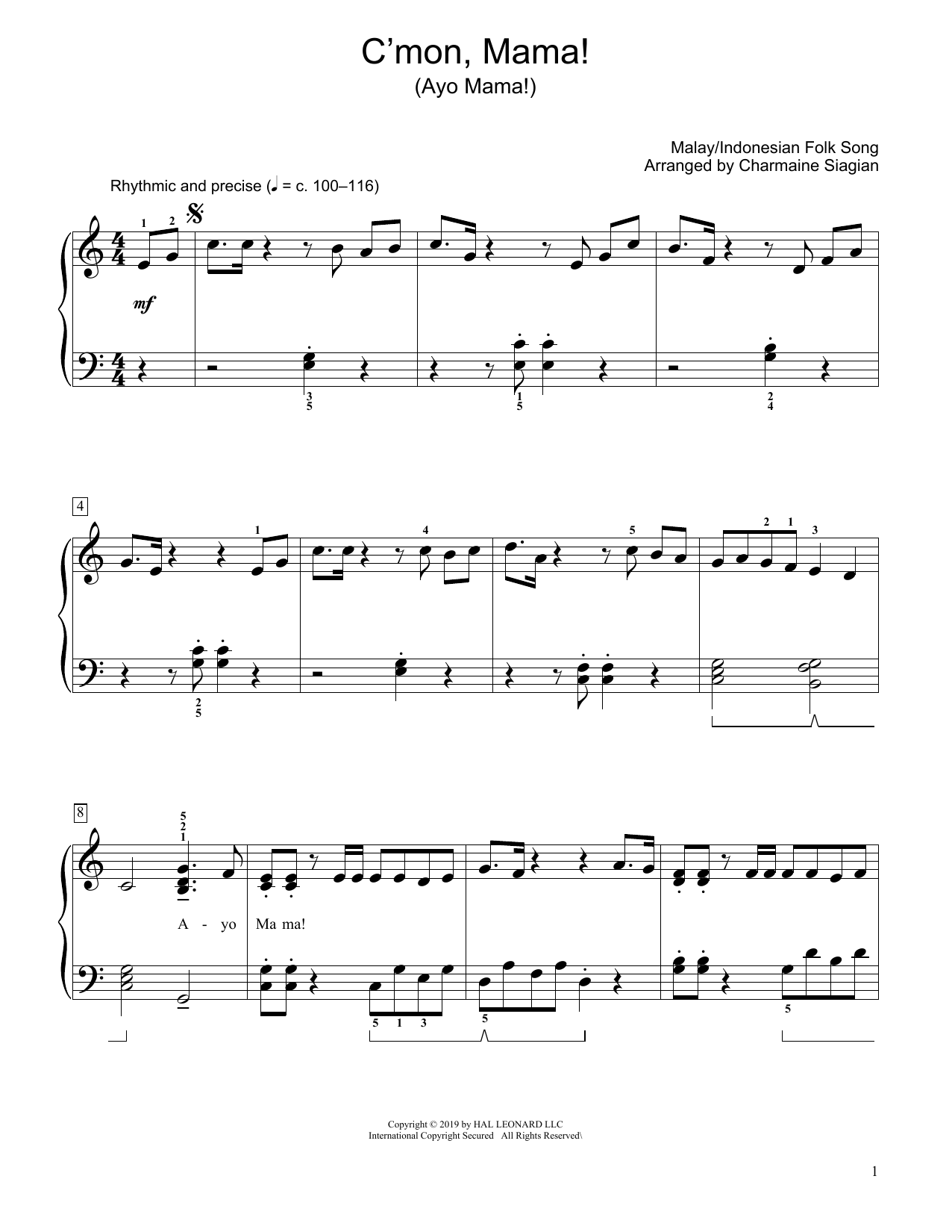 Traditional C'Mon, Mama! (Ayo Mama!) (arr. Charmaine Siagian) sheet music notes and chords arranged for Educational Piano