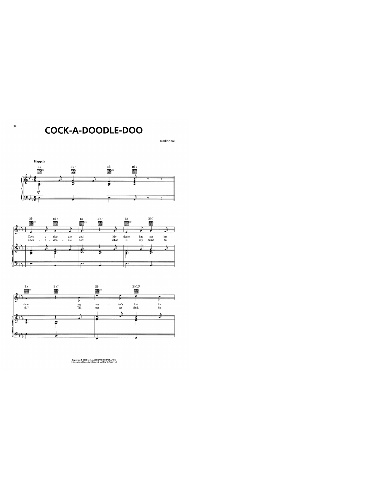 Traditional Cock-A-Doodle-Doo sheet music notes and chords arranged for Piano, Vocal & Guitar Chords (Right-Hand Melody)