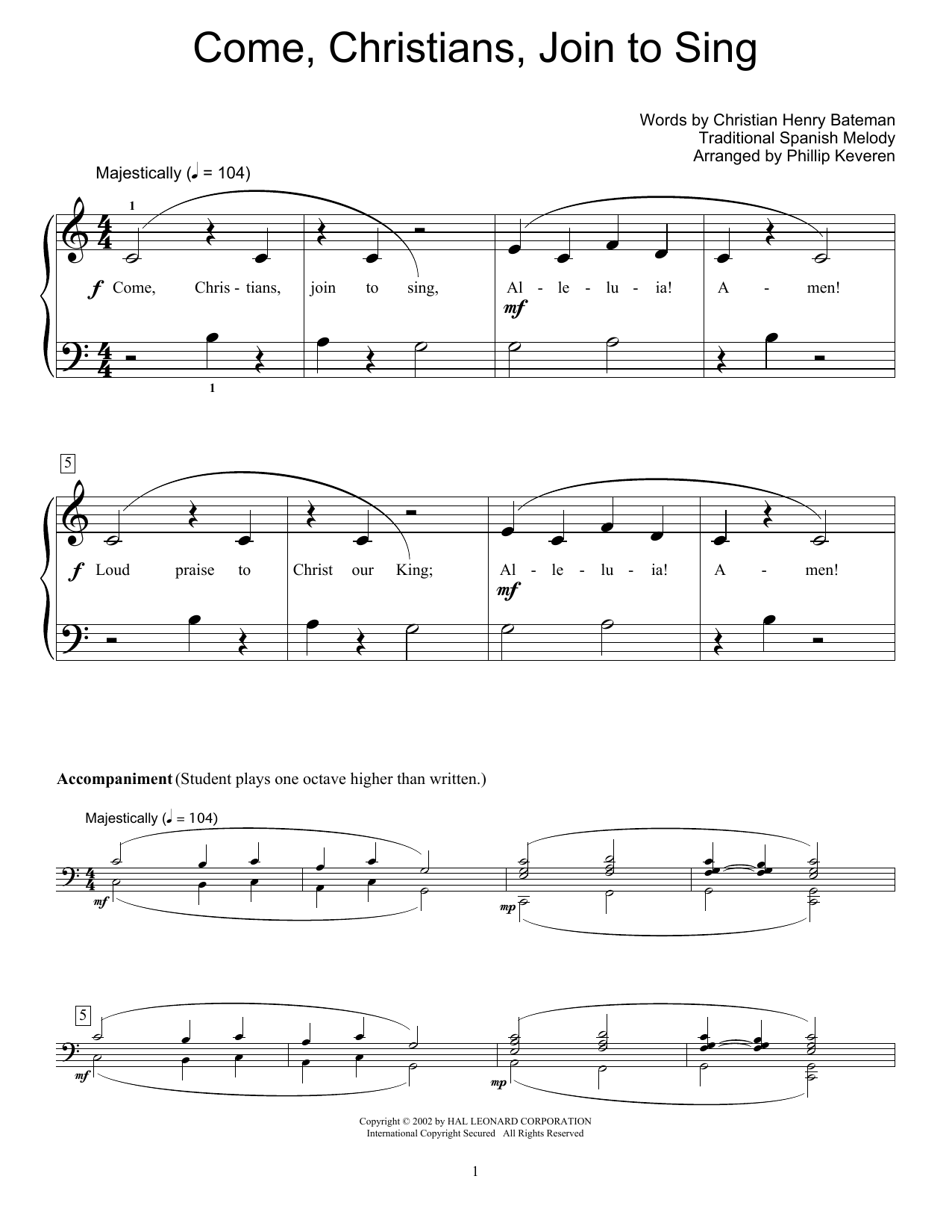 Traditional Come, Christians, Join To Sing (arr. Phillip Keveren) sheet music notes and chords arranged for Educational Piano