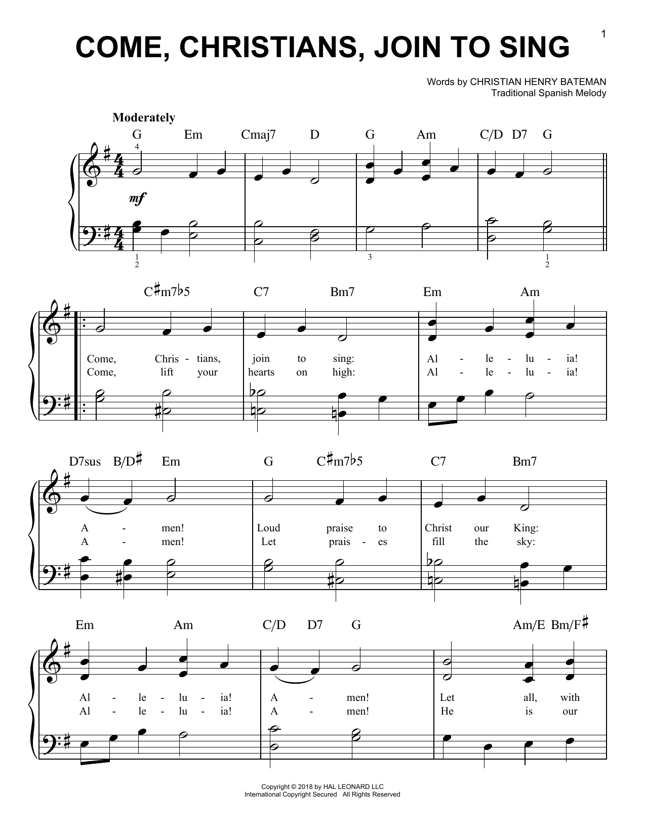 Traditional Come, Christians, Join To Sing sheet music notes and chords arranged for Easy Piano