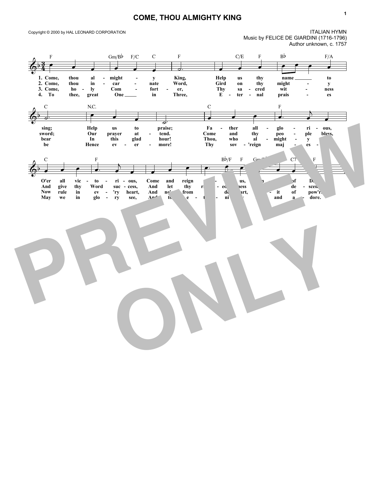 Traditional Come, Thou Almighty King sheet music notes and chords arranged for Lead Sheet / Fake Book