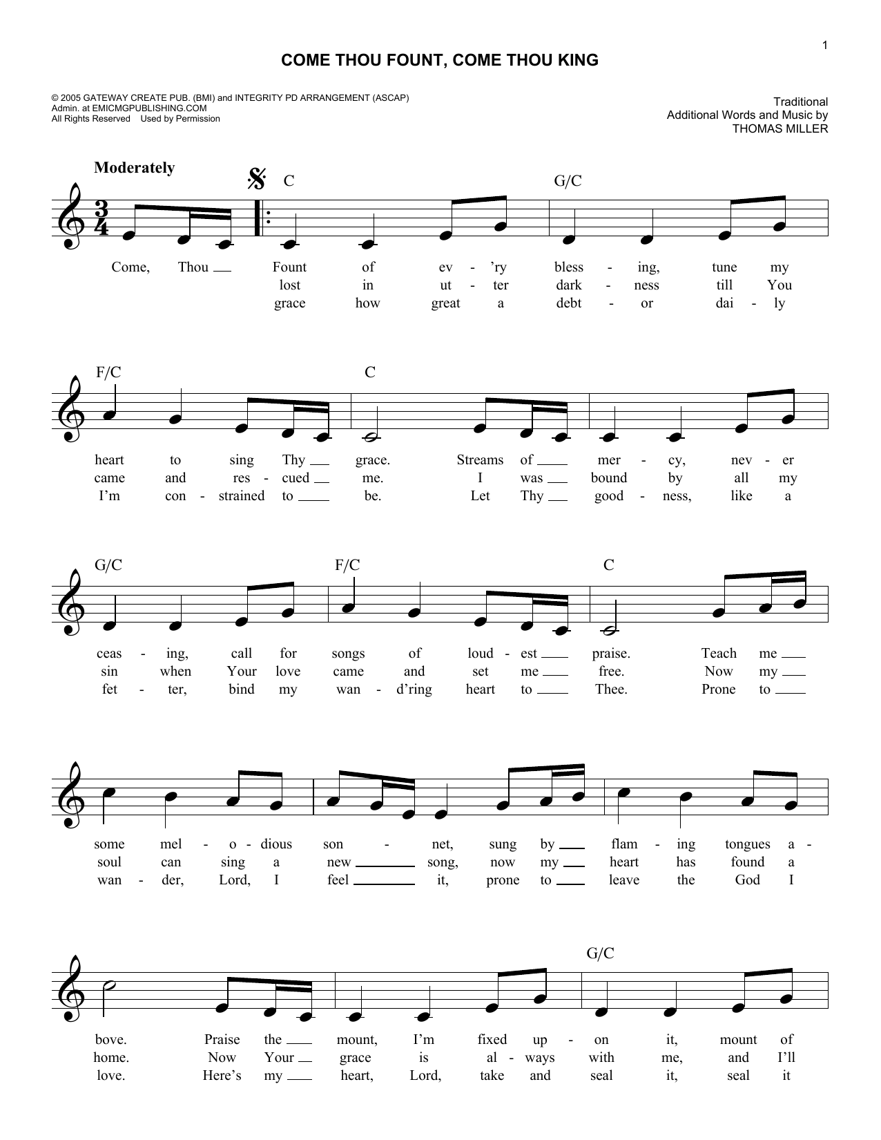 Traditional Come Thou Fount, Come Thou King sheet music notes and chords arranged for Lead Sheet / Fake Book