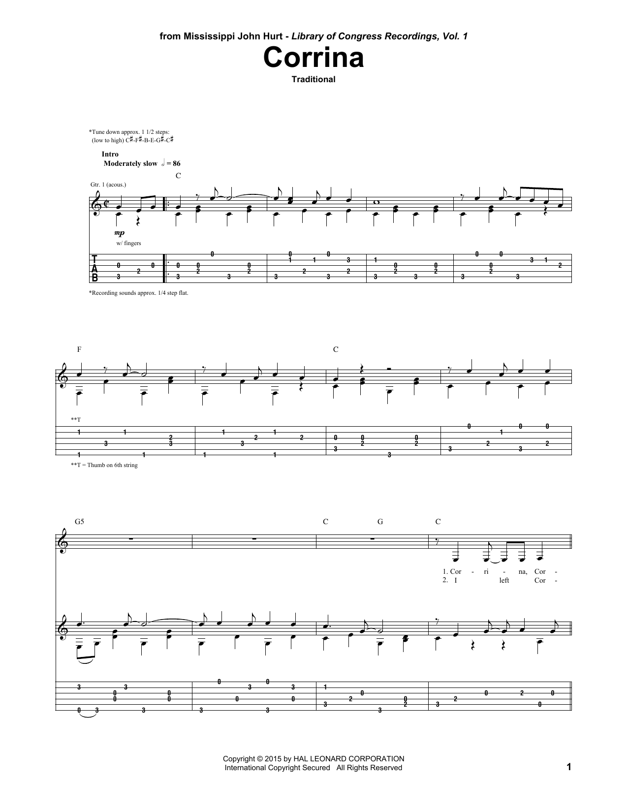 Traditional Corrina sheet music notes and chords arranged for Solo Guitar