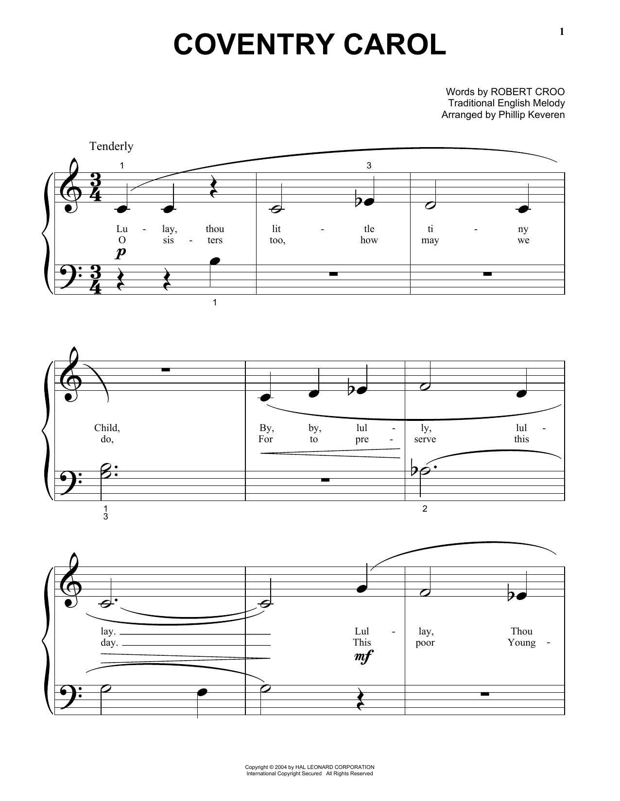 Traditional Coventry Carol (arr. Phillip Keveren) sheet music notes and chords arranged for Big Note Piano