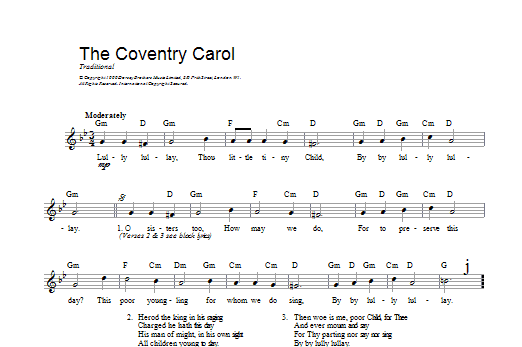 Christmas Carol Coventry Carol sheet music notes and chords arranged for Lead Sheet / Fake Book