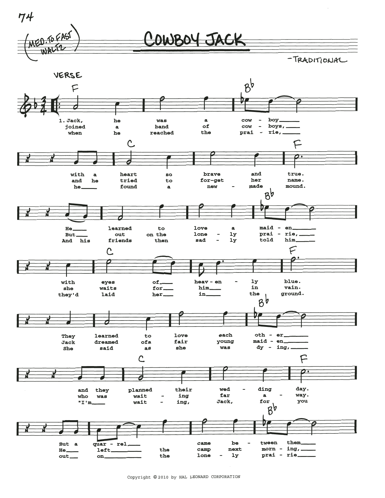 Traditional Cowboy Jack sheet music notes and chords arranged for Real Book – Melody, Lyrics & Chords