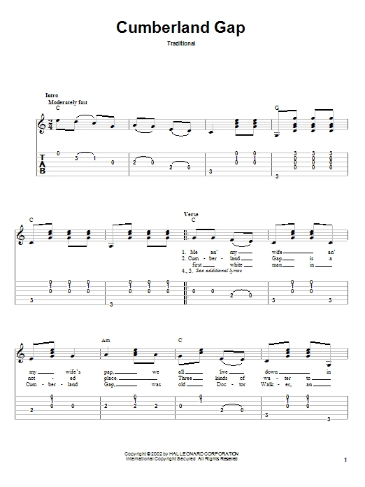 Traditional Cumberland Gap sheet music notes and chords arranged for Banjo Tab