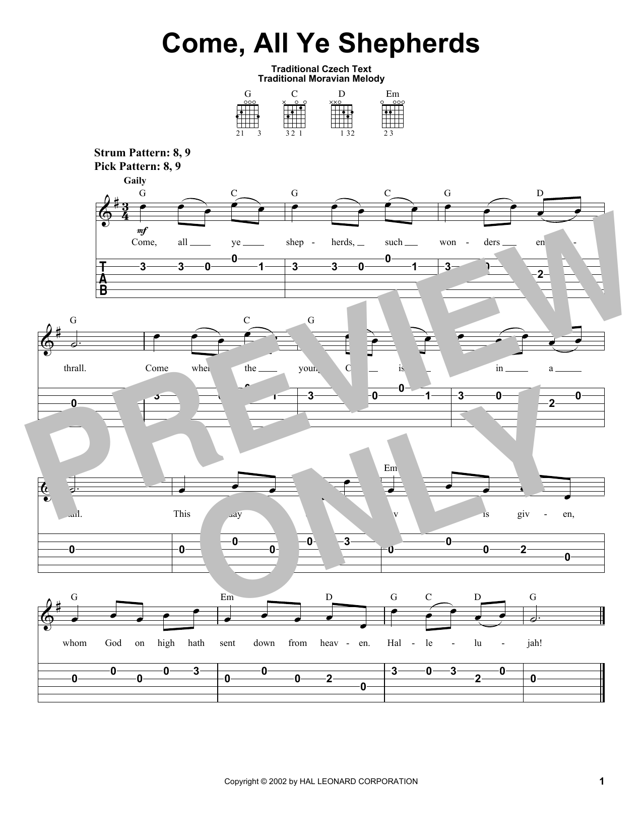 Traditional Czech Text Come, All Ye Shepherds sheet music notes and chords arranged for Easy Guitar Tab