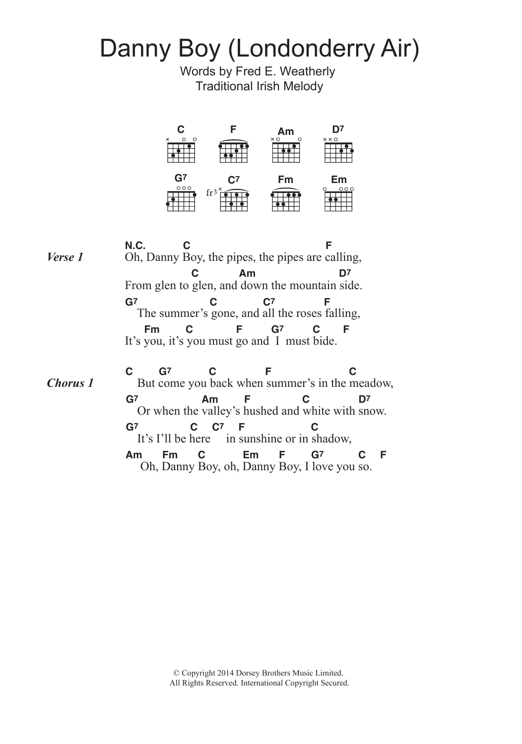 Irish Folksong Danny Boy (Londonderry Air) sheet music notes and chords arranged for Guitar Chords/Lyrics