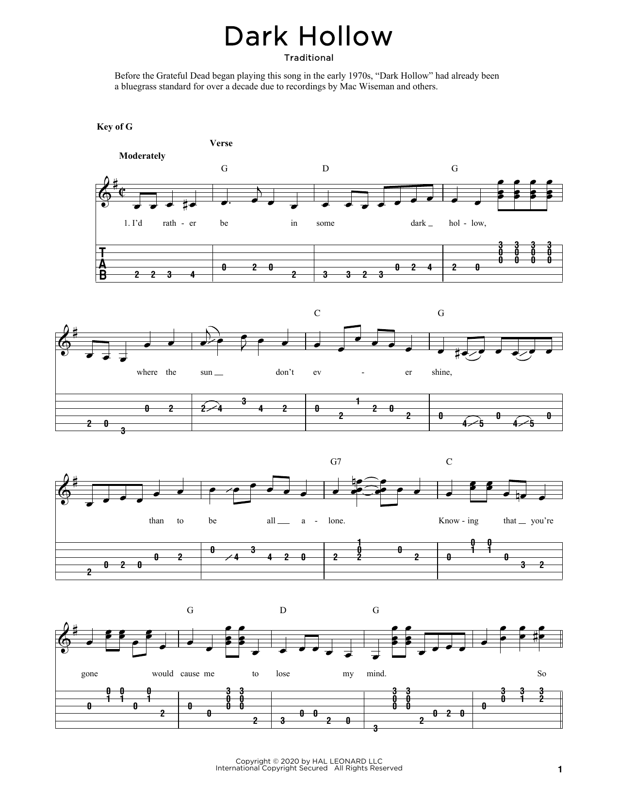 Traditional Dark Hollow (arr. Fred Sokolow) sheet music notes and chords arranged for Solo Guitar