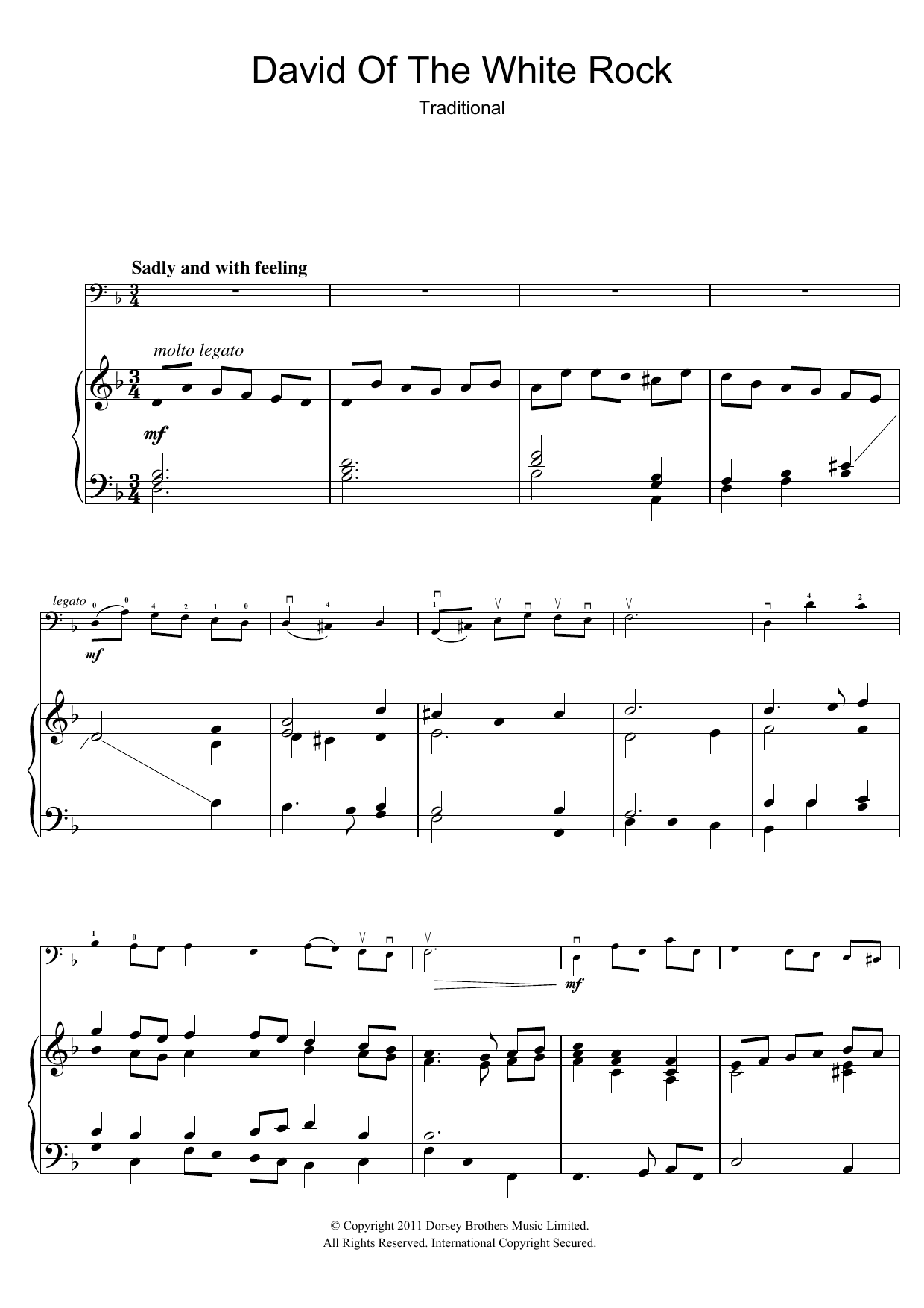 Traditional David Of The White Rock sheet music notes and chords arranged for Cello Solo