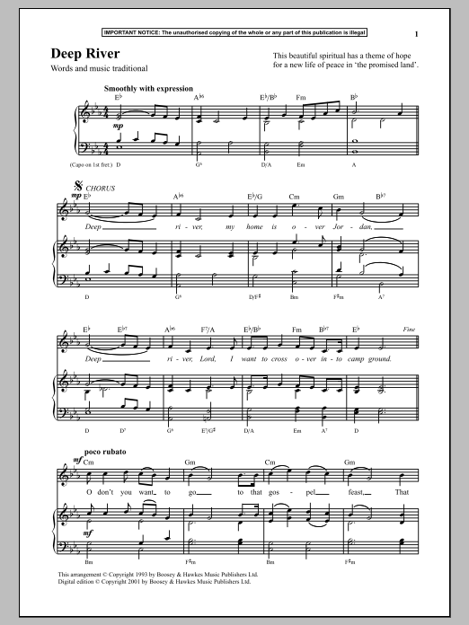 Traditional Deep River sheet music notes and chords arranged for Piano & Vocal