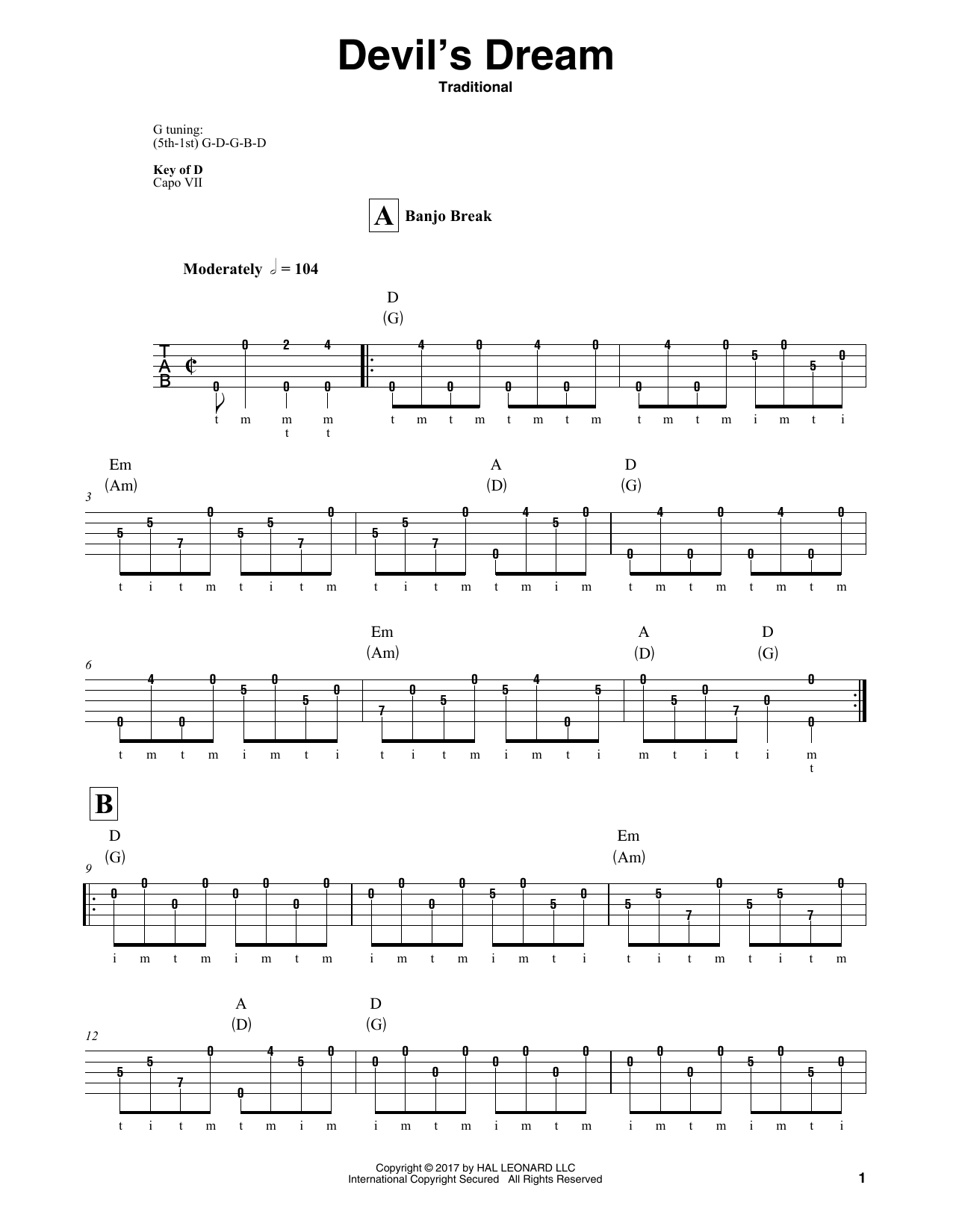 Traditional Devil's Dream sheet music notes and chords arranged for Banjo Tab