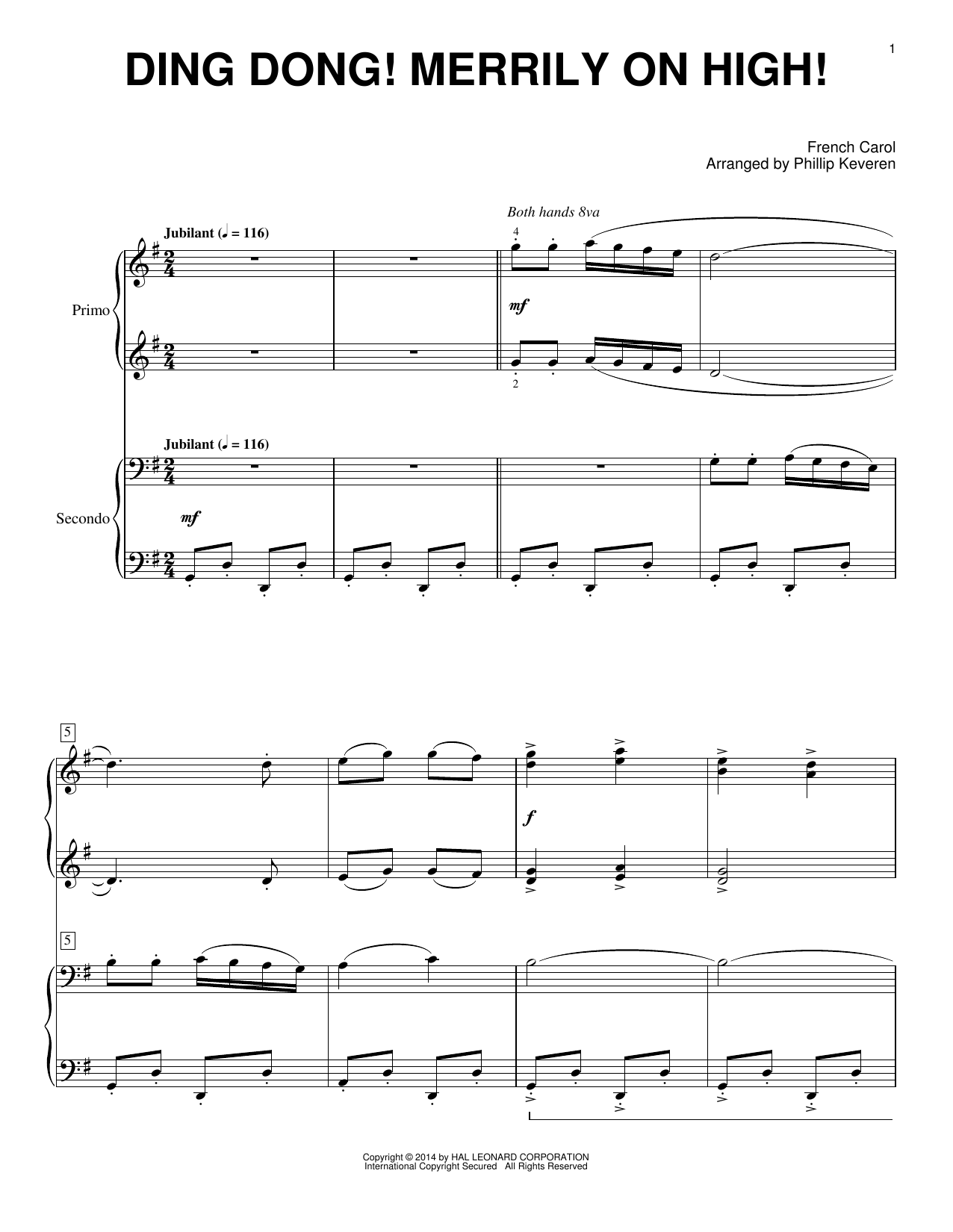 Traditional Ding Dong! Merrily On High! (arr. Phillip Keveren) sheet music notes and chords arranged for Piano Duet