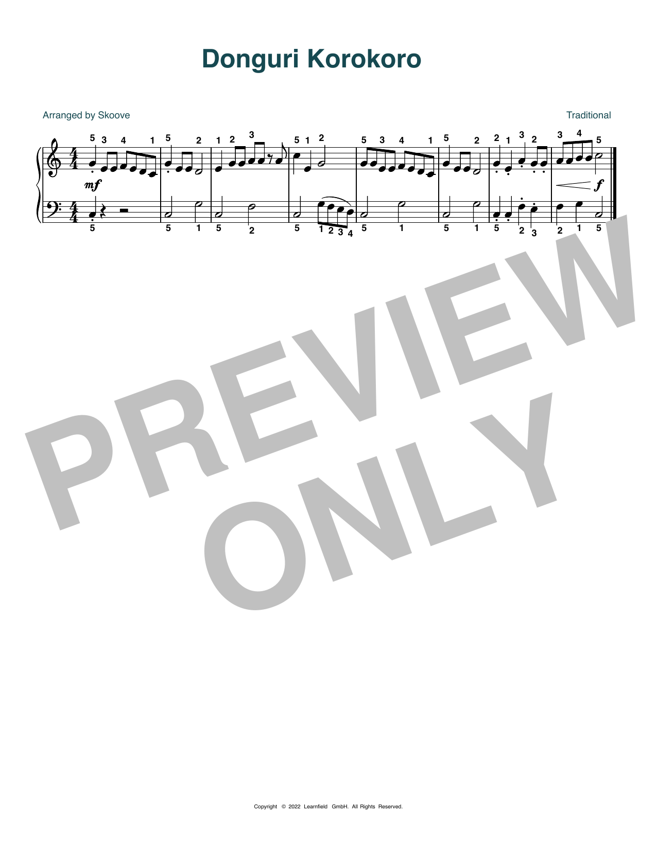 Traditional Donguri Korokoro (arr. Skoove) sheet music notes and chords arranged for Beginner Piano (Abridged)