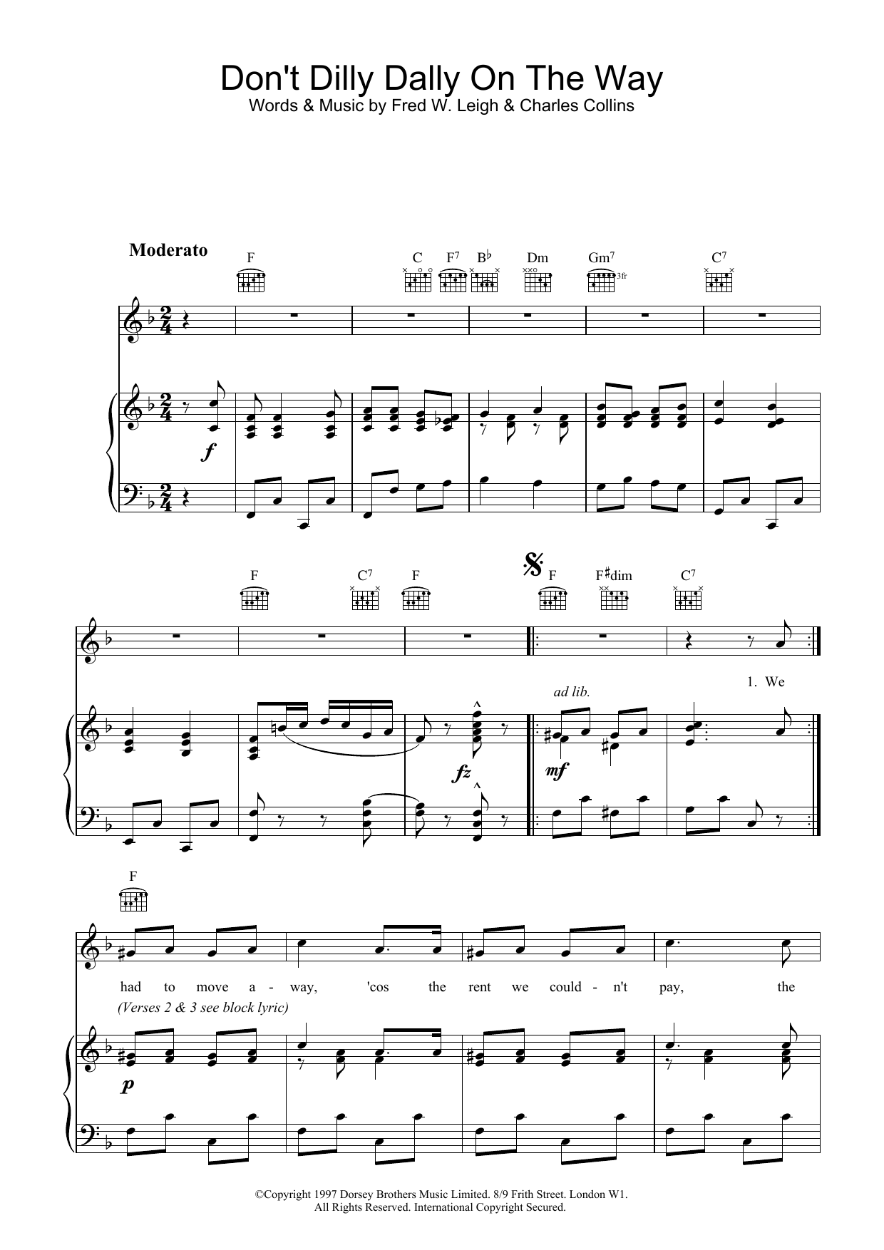 Traditional Don't Dilly Dally On The Way sheet music notes and chords arranged for Piano, Vocal & Guitar Chords