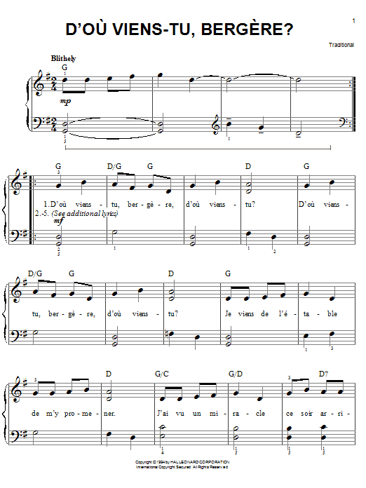 Traditional D'ou Viens-Tu, Beregere? sheet music notes and chords arranged for Easy Piano