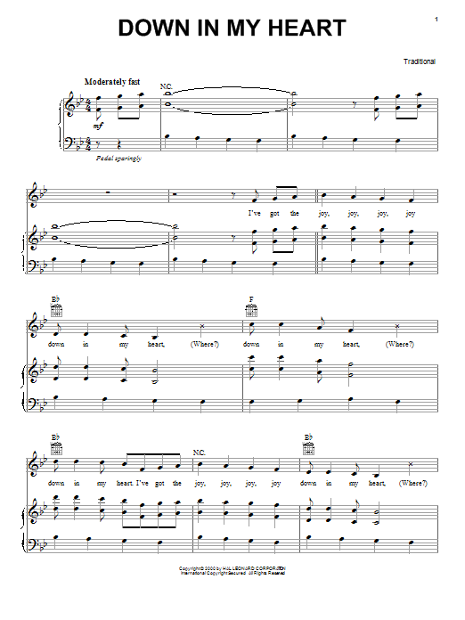 Traditional Down In My Heart sheet music notes and chords arranged for 5-Finger Piano