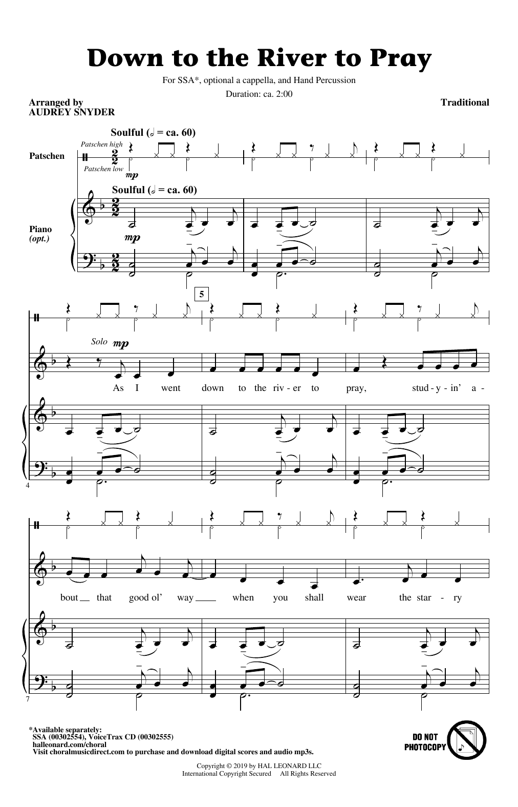 Traditional Down To The River To Pray (arr. Audrey Snyder) sheet music notes and chords arranged for SSA Choir