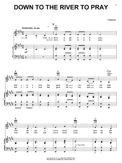 Traditional Down To The River To Pray sheet music notes and chords arranged for Piano, Vocal & Guitar Chords (Right-Hand Melody)