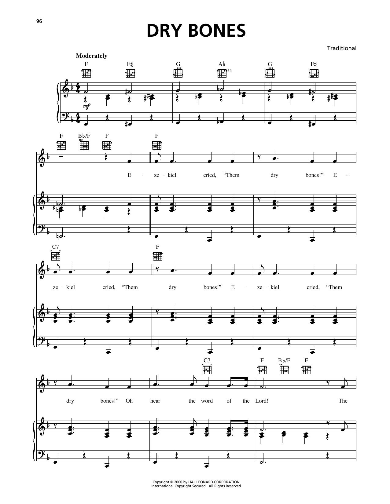 Traditional Dry Bones sheet music notes and chords arranged for Piano, Vocal & Guitar Chords (Right-Hand Melody)