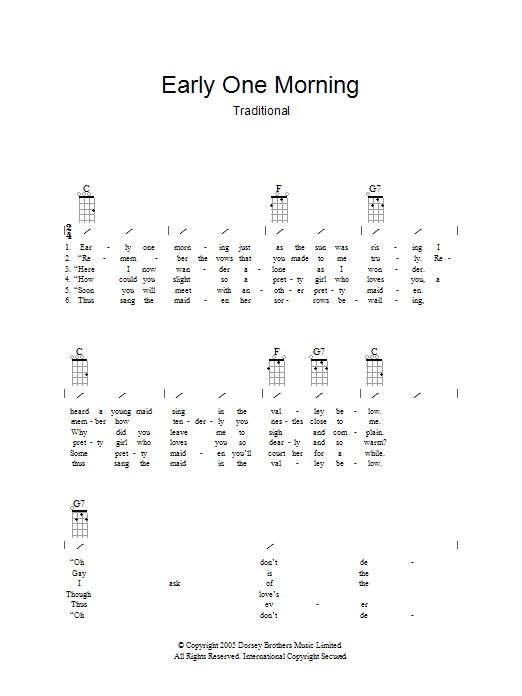 Traditional Early One Morning sheet music notes and chords arranged for Piano, Vocal & Guitar Chords