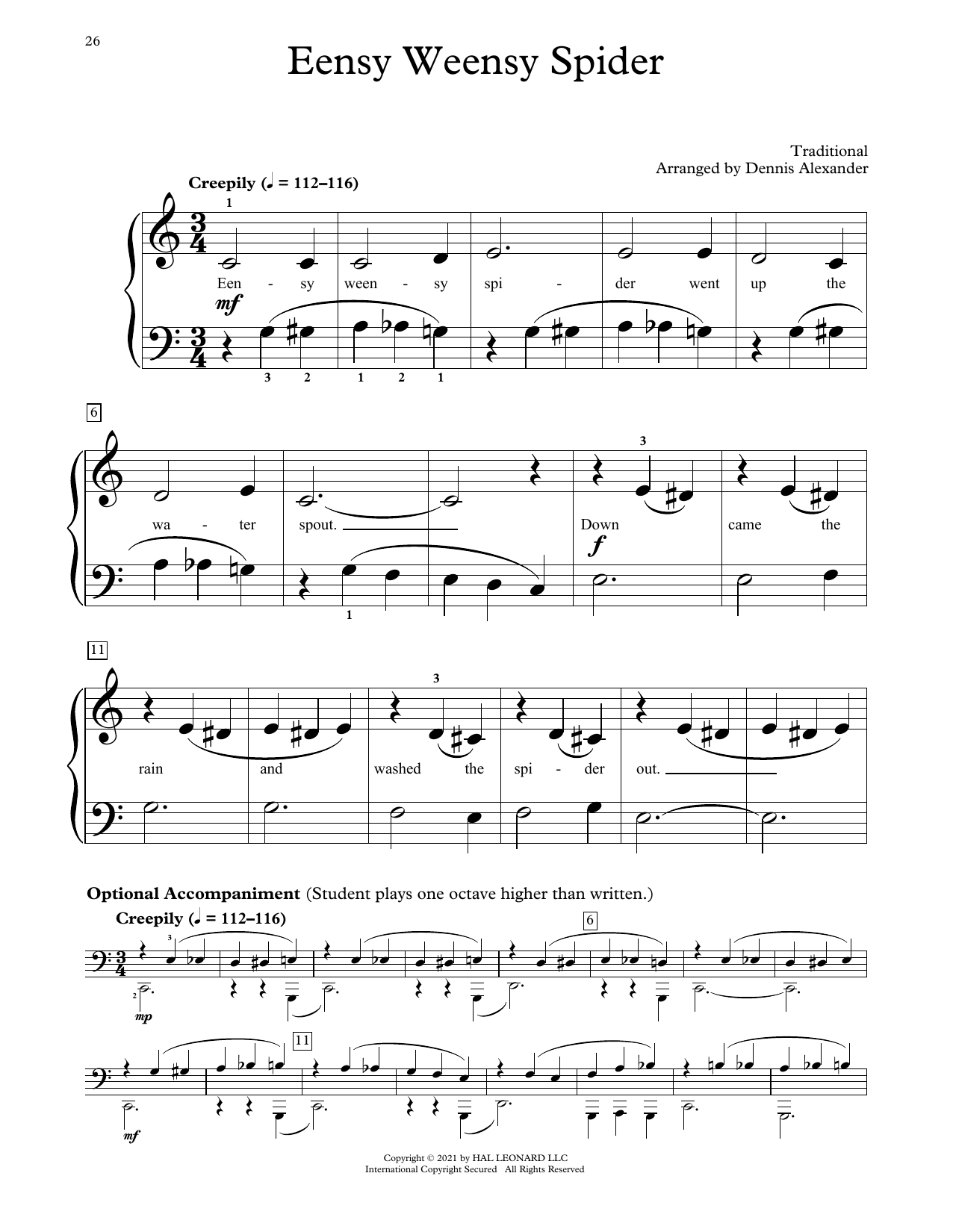 Traditional Eensy Weensy Spider (arr. Dennis Alexander) sheet music notes and chords arranged for Educational Piano