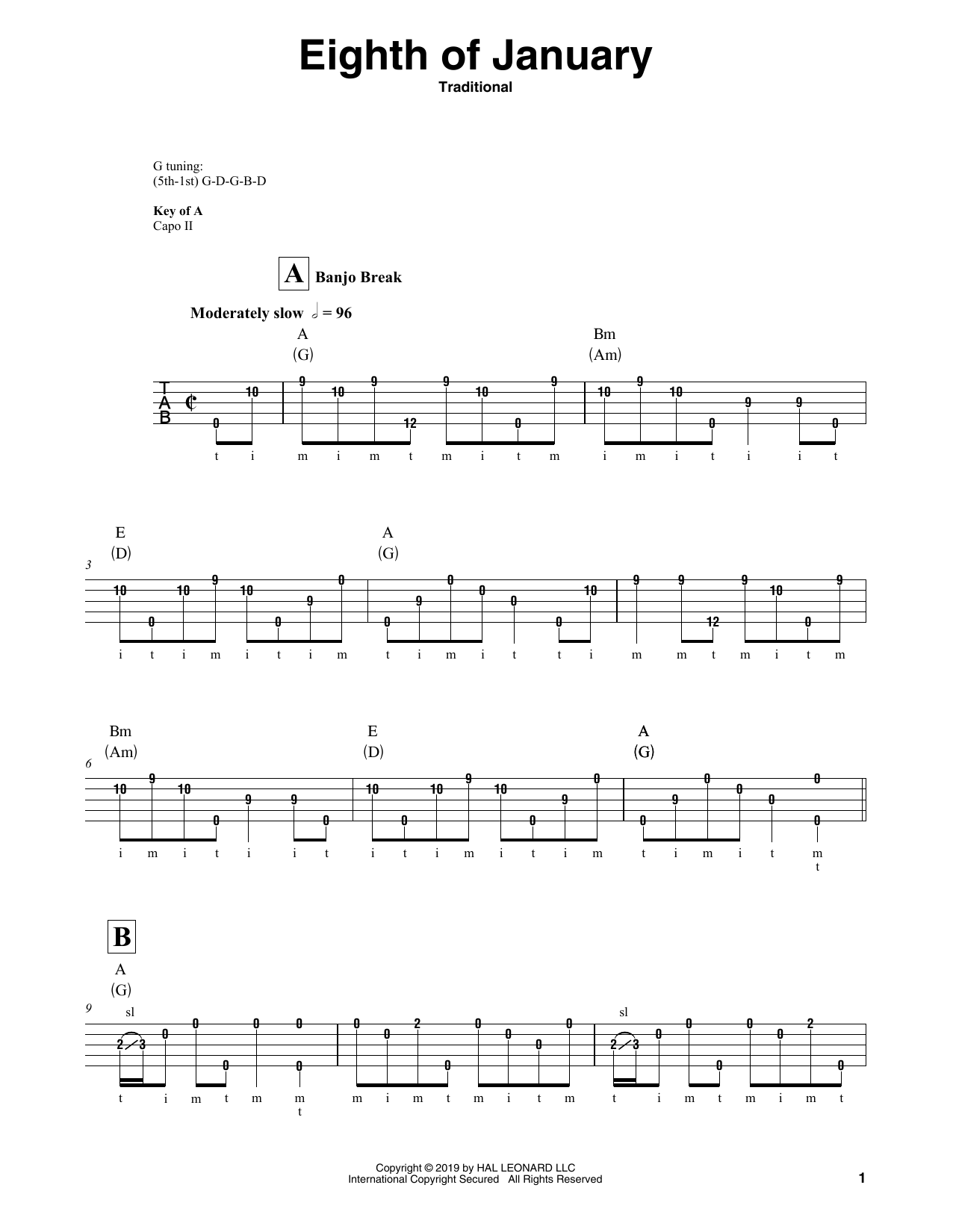 Traditional Eighth Of January sheet music notes and chords arranged for Banjo Tab