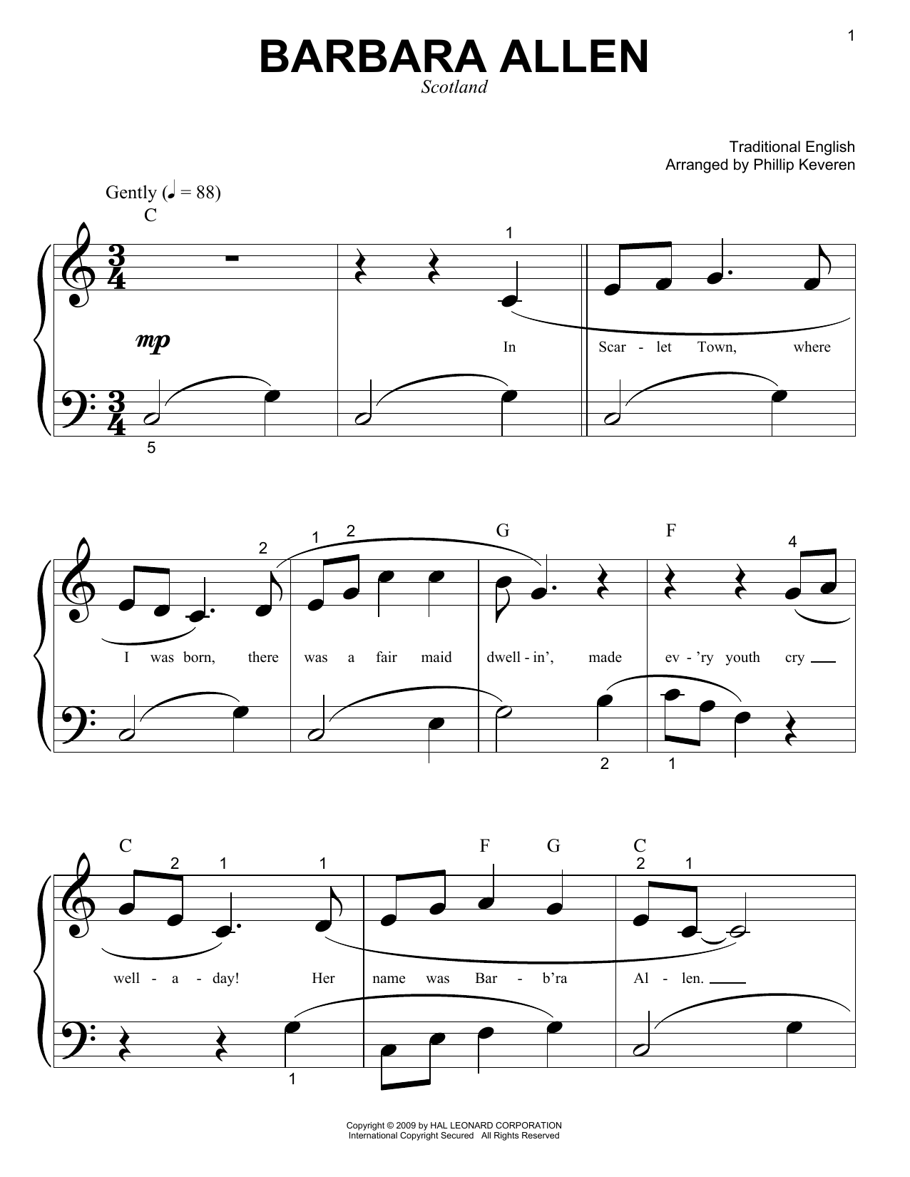 Traditional English Ballad Barbara Allen (arr. Phillip Keveren) sheet music notes and chords arranged for Big Note Piano