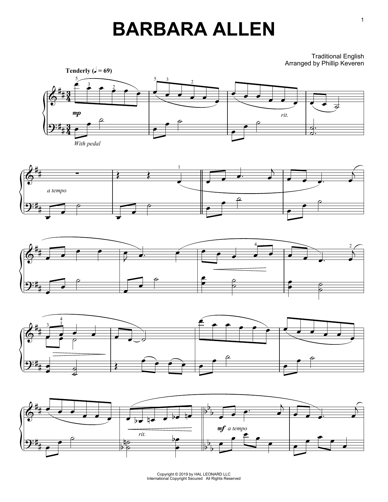 Traditional English Barbara Allen (arr. Phillip Keveren) sheet music notes and chords arranged for Piano Solo