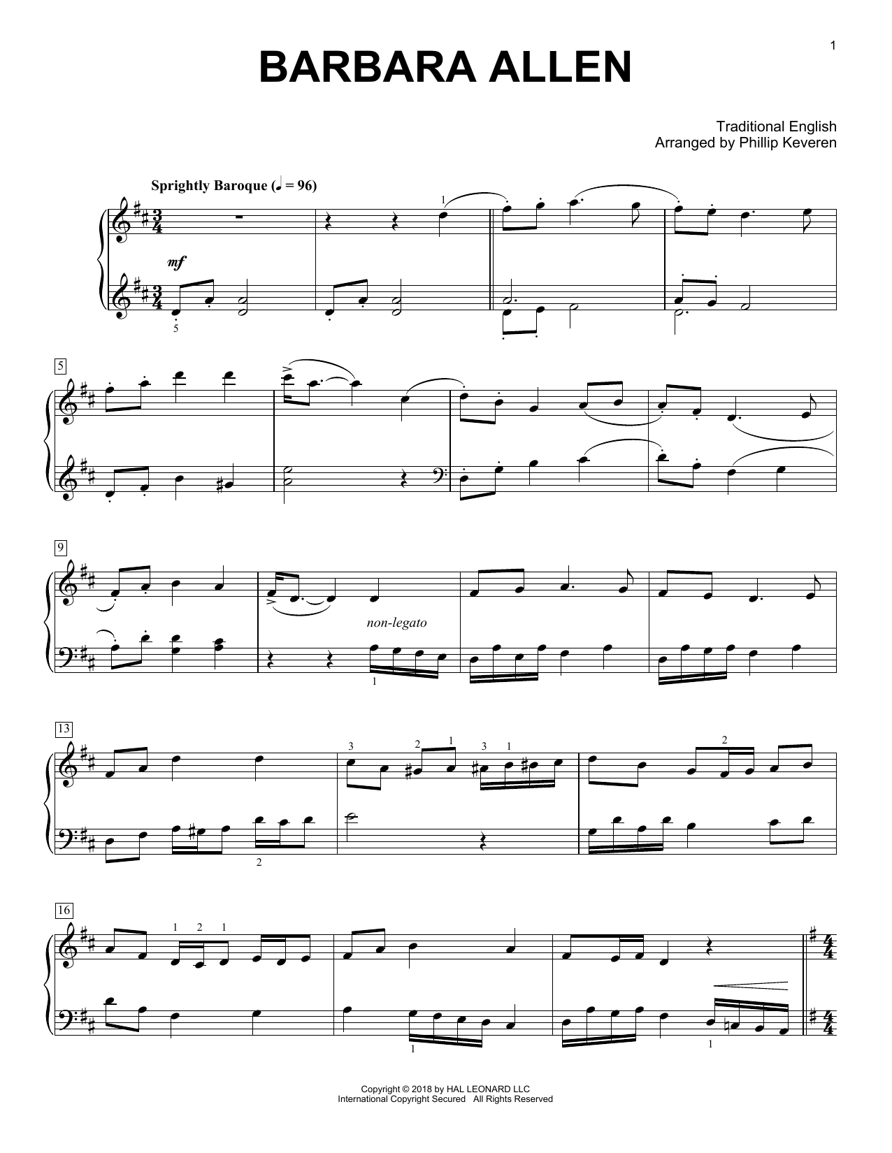 Traditional English Barbara Allen [Classical version] (arr. Phillip Keveren) sheet music notes and chords arranged for Piano Solo