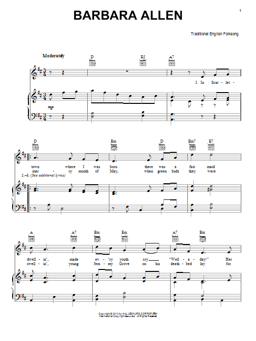 Traditional English Barbara Allen sheet music notes and chords arranged for Very Easy Piano
