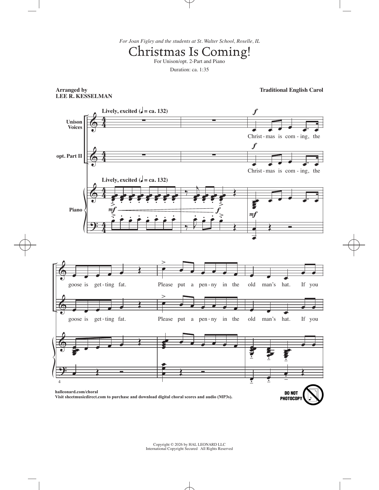 Traditional English Carol Christmas Is Coming! (arr. Lee R. Kesselman) sheet music notes and chords arranged for Choir
