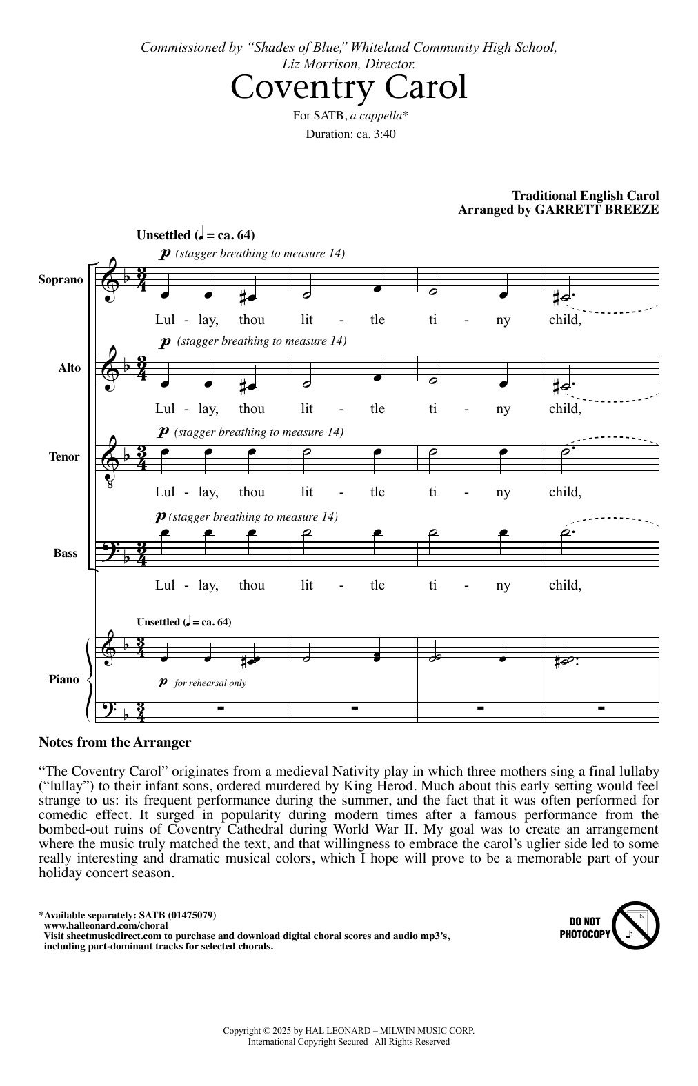 Traditional English Carol Coventry Carol (arr. Garrett Breeze) sheet music notes and chords arranged for SATB Choir
