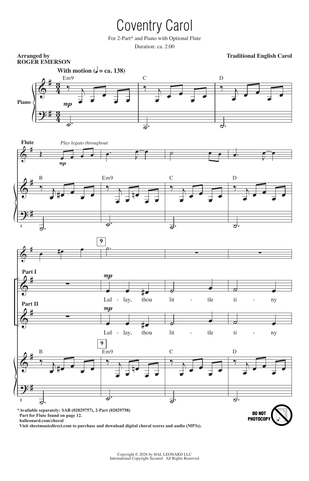 Traditional English Carol Coventry Carol (arr. Roger Emerson) sheet music notes and chords arranged for SAB Choir