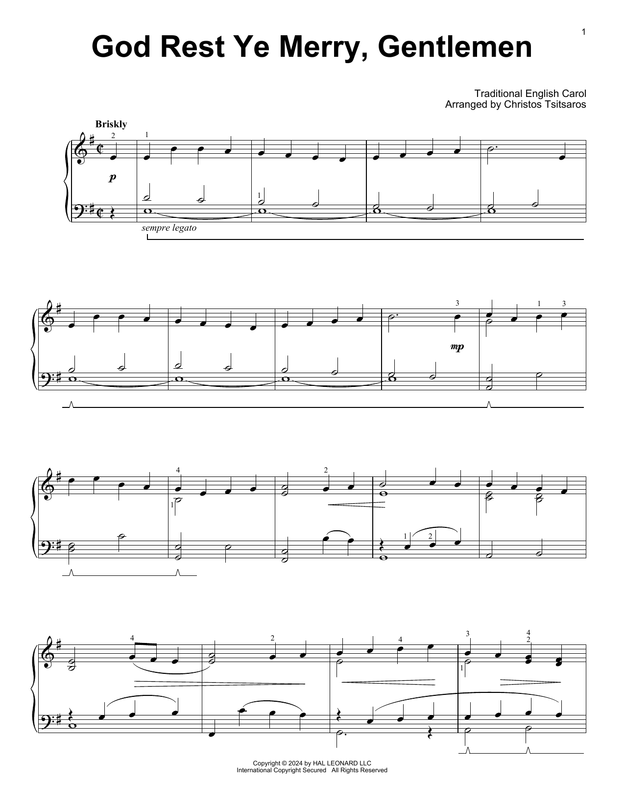 Traditional English Carol God Rest Ye Merry, Gentlemen (arr. Christos Tsitsaros) sheet music notes and chords arranged for Easy Piano Solo