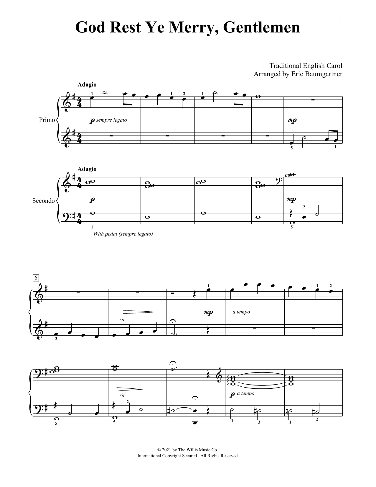 Traditional English Carol God Rest Ye Merry, Gentlemen (arr. Eric Baumgartner) sheet music notes and chords arranged for Piano Duet